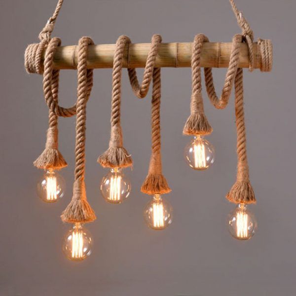 Lámparas de cuerda en soporte da bambú